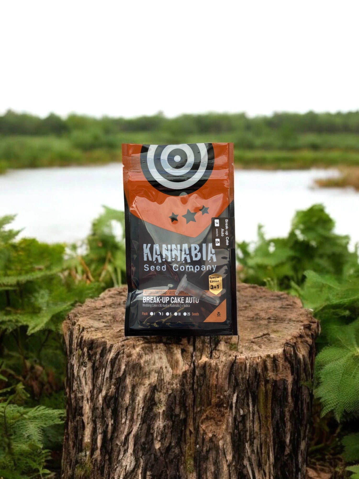 Break up Cake Auto von Kannabia an einer Flusslandschaft mit Packung auf einem Baumstamm