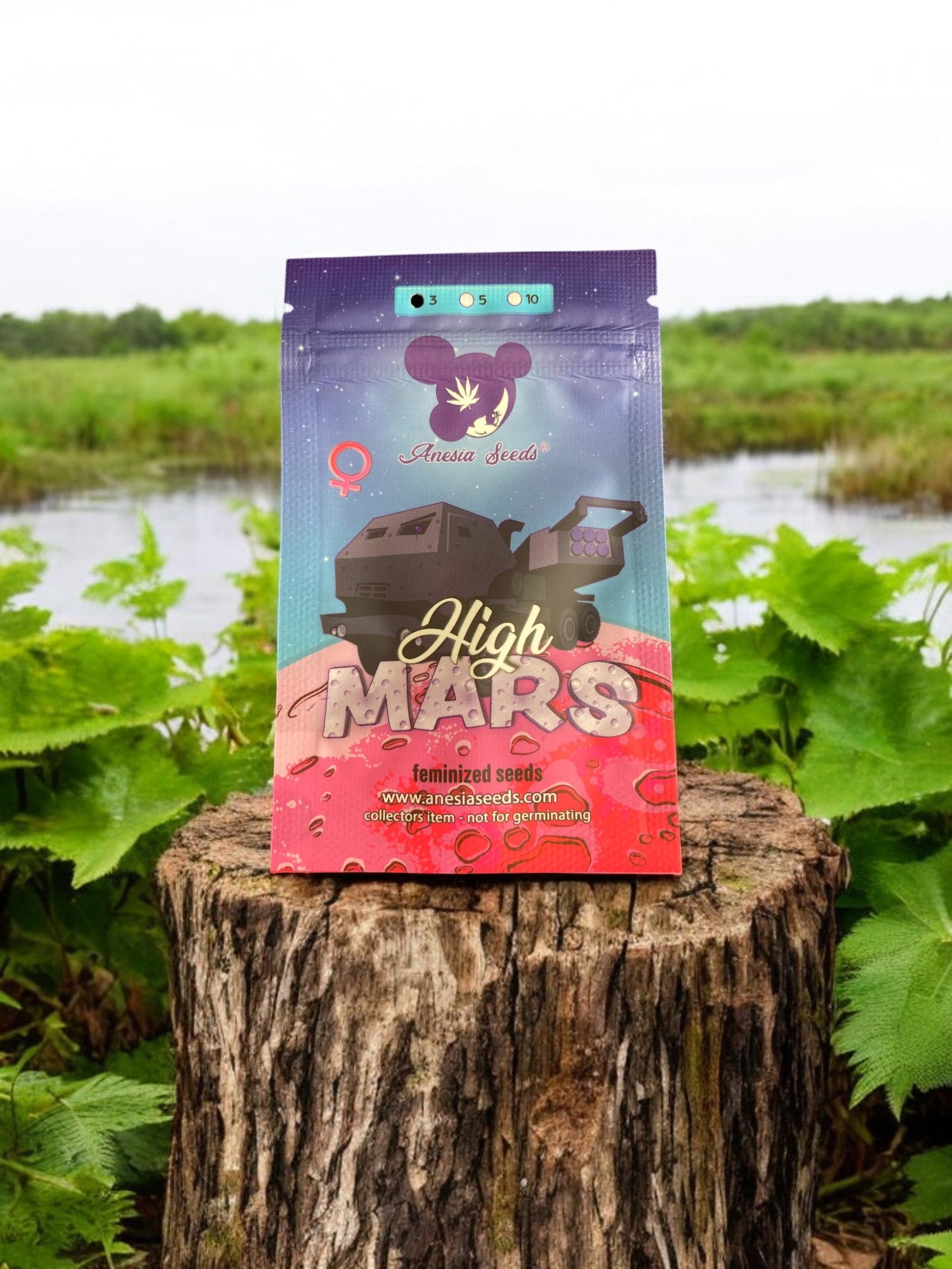 High Mars Packung von Anesia Seeds auf einem Baumstamm