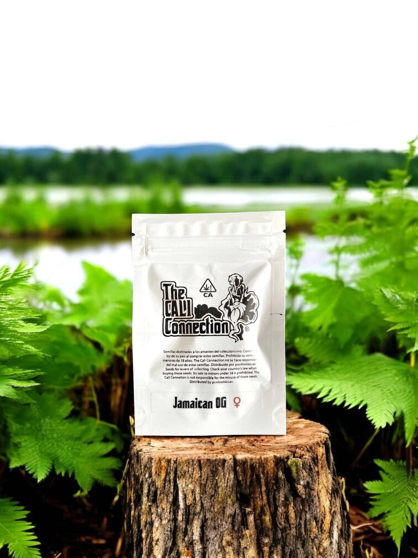 Jamaican OG Packung von Cali Connection auf einem Baumstamm