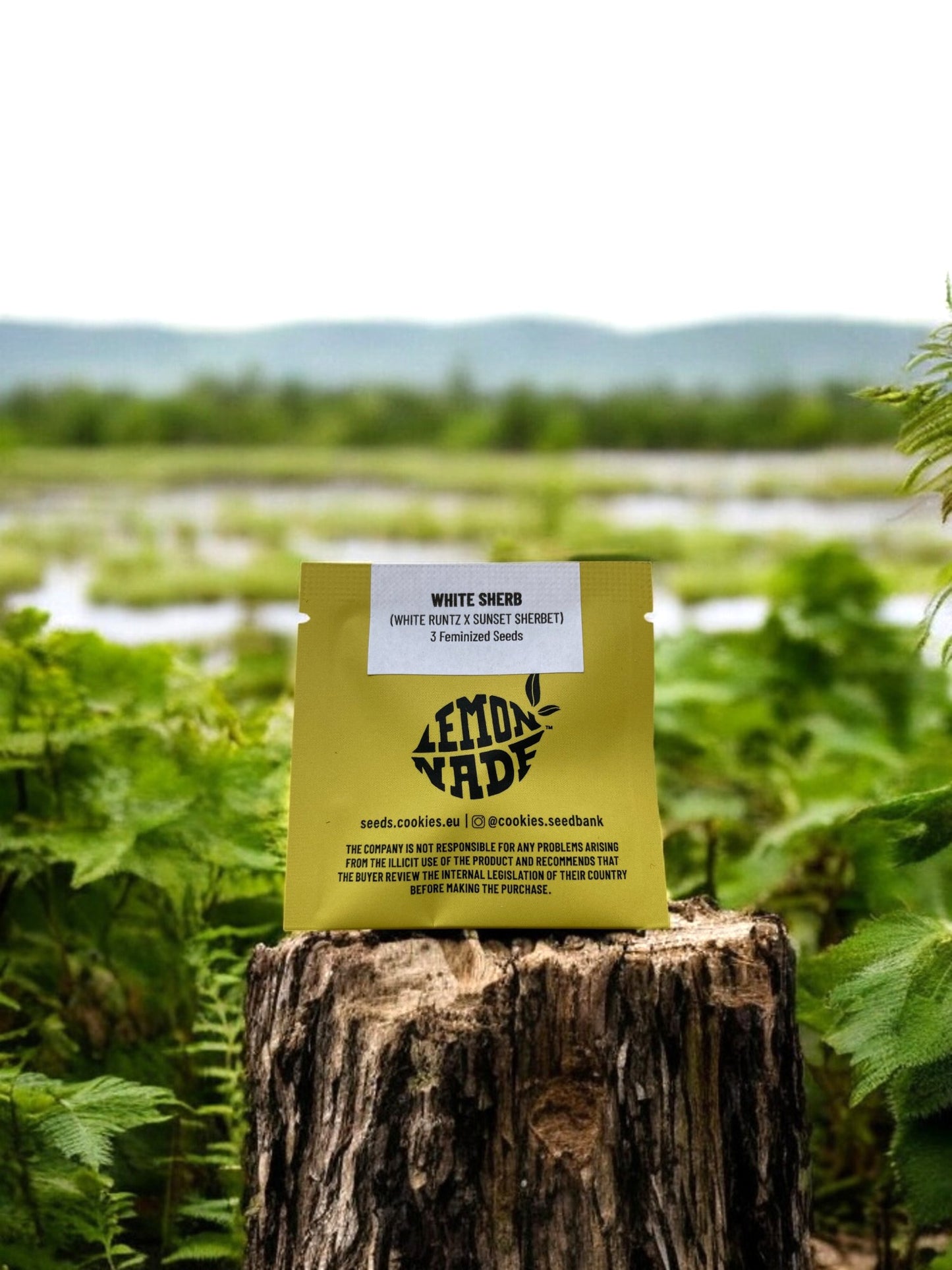 White Sherb Packung an einer Flusslandschaft auf einem Baumstamm