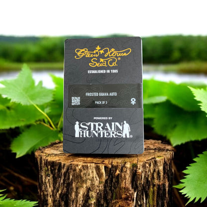 Frosted Guava Auto Seed Pack von Green House Seeds. Auf einem Baumstamm in der Natur.