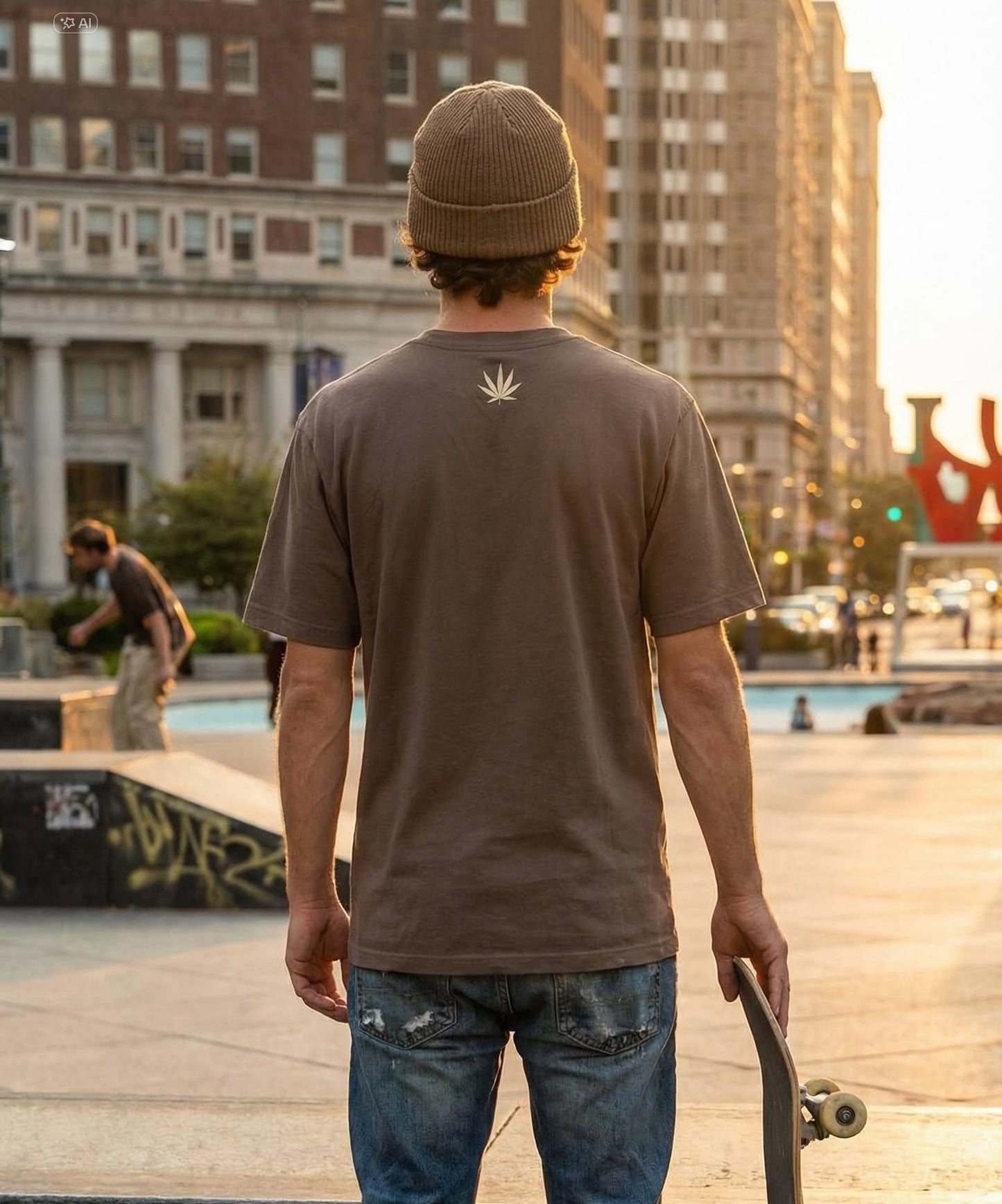Less Organix Streetwear. Model auf der Strasse an einem Skateplatz. Rückansicht